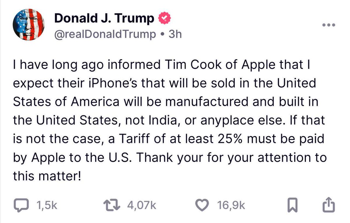 🚨 BREAKING: Trump minaccia Apple: "Tariffa del 25% se gli iPhone non saranno prodotti negli Stati Uniti"