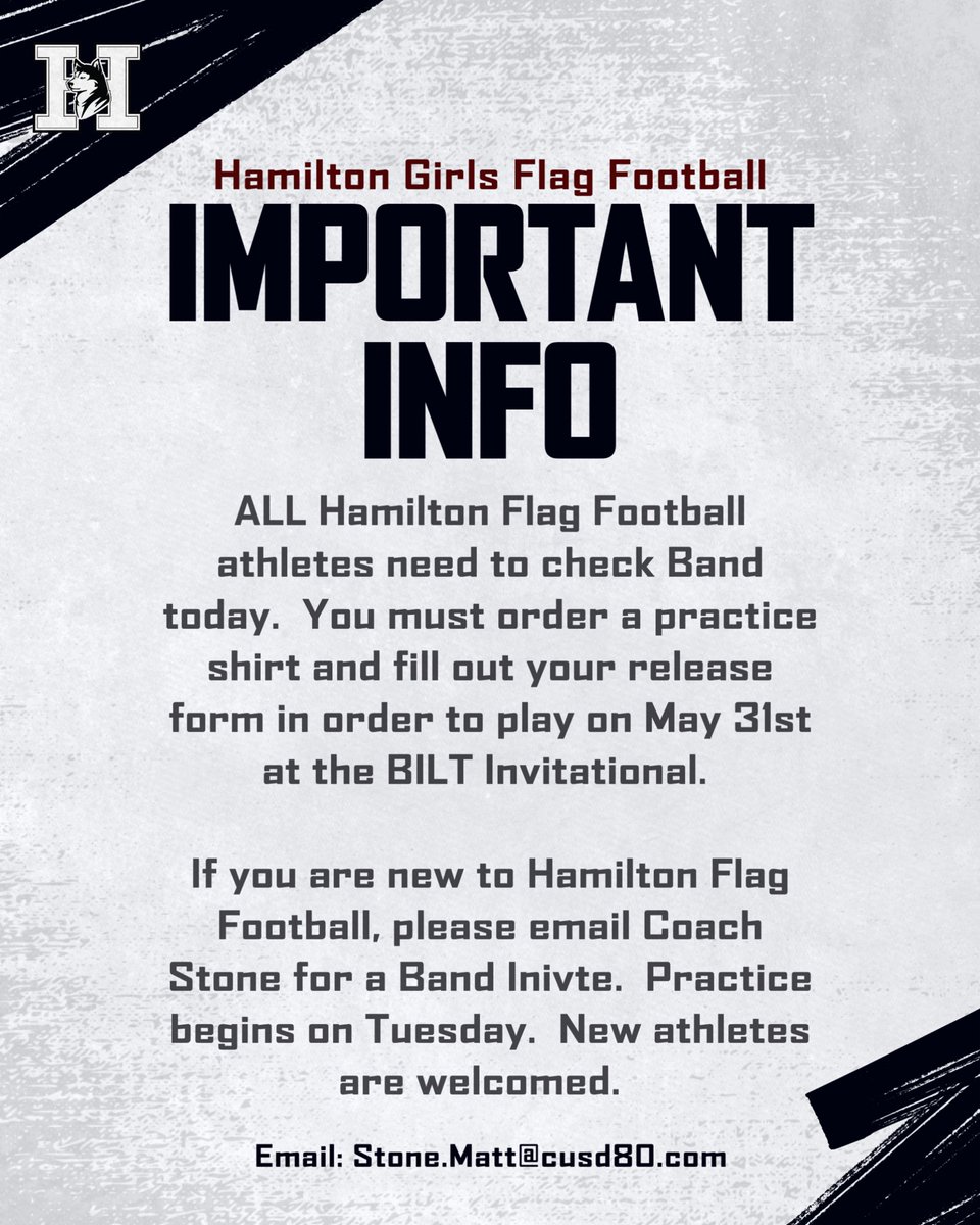 Hamilton Girls Flag (@hhsgirlsflag) on Twitter photo We need all Hamilton Flag Football players to order their practice shirt today. Check the Band app for info. If you’re new to Hamilton Flag Football please email Coach Stone and we’ll get you the info. Stone.Matt@cusd80.com We need all Hamilton Flag Football players to order their practice shirt today. Check the Band app for info. If you’re new to Hamilton Flag Football please email Coach Stone and we’ll get you the info. Stone.Matt@cusd80.com