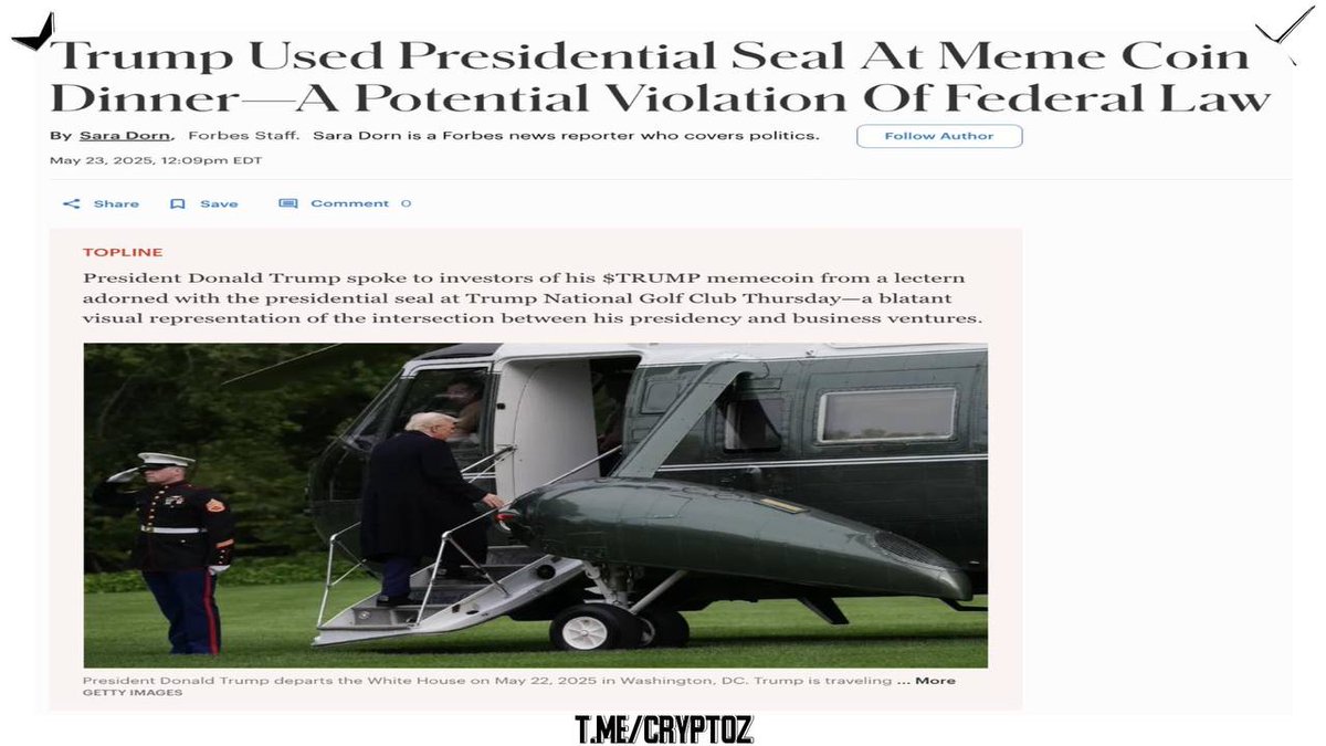 Jamosparsa's tweet image. 🧐 Trump May Have Violated Federal Law at TRUMP Token Dinner

Used the presidential seal at a private event for 220 TRUMP memecoin holders.
Forbes says this could lead to fines or jail.

My view: When memes meet power, the legal gray zone gets loud.

#Trump #TRUMPtoken
