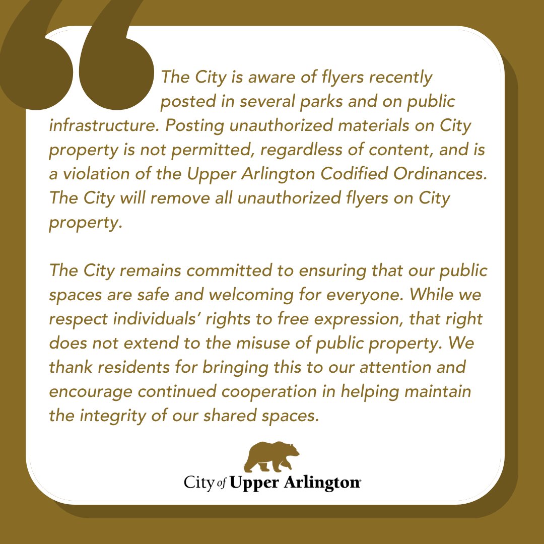 Statement from the City of Upper Arlington addressing flyers recently posted in local parks. #UpperArlington