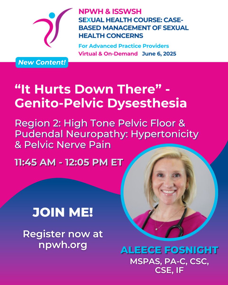 Join the NPWH/ISSWSH Sexual Health Course – June 6!

Explore case-based approaches to conditions like HSDD &amp; vestibulodynia. Tune in as Dr. Jill Krapf, and Aleece Fosnight discuss genito-pelvic dysesthesia!

Register now: web.cvent.com/event/76de4077…