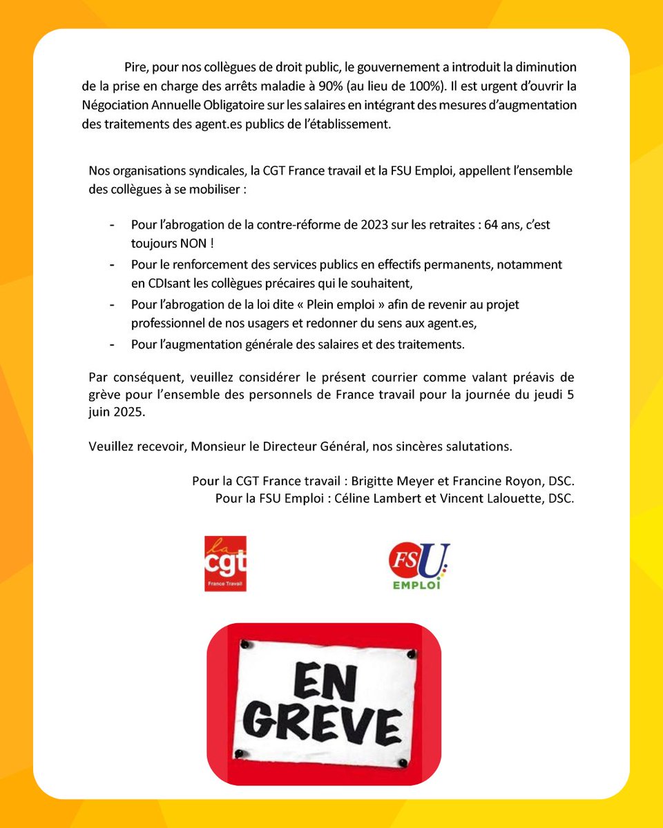 FSU EMPLOI OCCITANIE (@fsuemploiocc) on Twitter photo La #FSU et la #CGT lancent un préavis de grève pour l’ensemble du personnel de <a href="/FranceTravail/">France Travail</a> le jeudi 5 juin 2025 et adresse un courrier au DG de <a href="/FranceTravail/">France Travail</a>, <a href="/ThibautGuilluy/">Thibaut Guilluy</a> !
<a href="/FsuNationale/">FSU</a> <a href="/FSUEMPLOI/">FSU Emploi</a> La #FSU et la #CGT lancent un préavis de grève pour l’ensemble du personnel de <a href="/FranceTravail/">France Travail</a> le jeudi 5 juin 2025 et adresse un courrier au DG de <a href="/FranceTravail/">France Travail</a>, <a href="/ThibautGuilluy/">Thibaut Guilluy</a> !
<a href="/FsuNationale/">FSU</a> <a href="/FSUEMPLOI/">FSU Emploi</a>