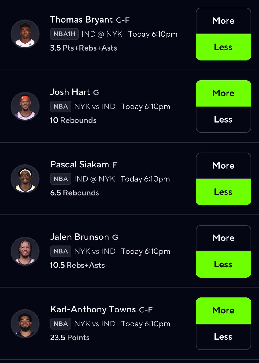 billhpicks's tweet image. Prize Picks 5 Guy Burger and Fries🍔
Flex Friday Slip💪
Thomas Bryant Under 3.5 1H PRA
Josh Hart Over 10 Rebounds
Pascal Siakam Under 6.5 Rebounds
Jalen Brunson Under 10.5 RA
Karl-Anthony Towns Over 23.5 Points
❤️ IF YOU WANT THUNDER VS TWOLVES SLIP