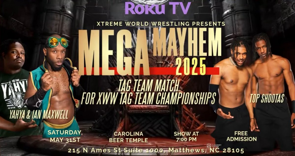 🔥 XWW MAKES ITS RETURN AT CAROLINA BEER TEMPLE! 🔥

May  31st at 7 PM
 FREE Admission!

First 3 matches have been announced! 

📍Carolina Beer Temple – 215 N Ames St Suite 1000, Matthews, NC 28105
🍺 Food &amp; Drink Specials ALL NIGHT LONG!