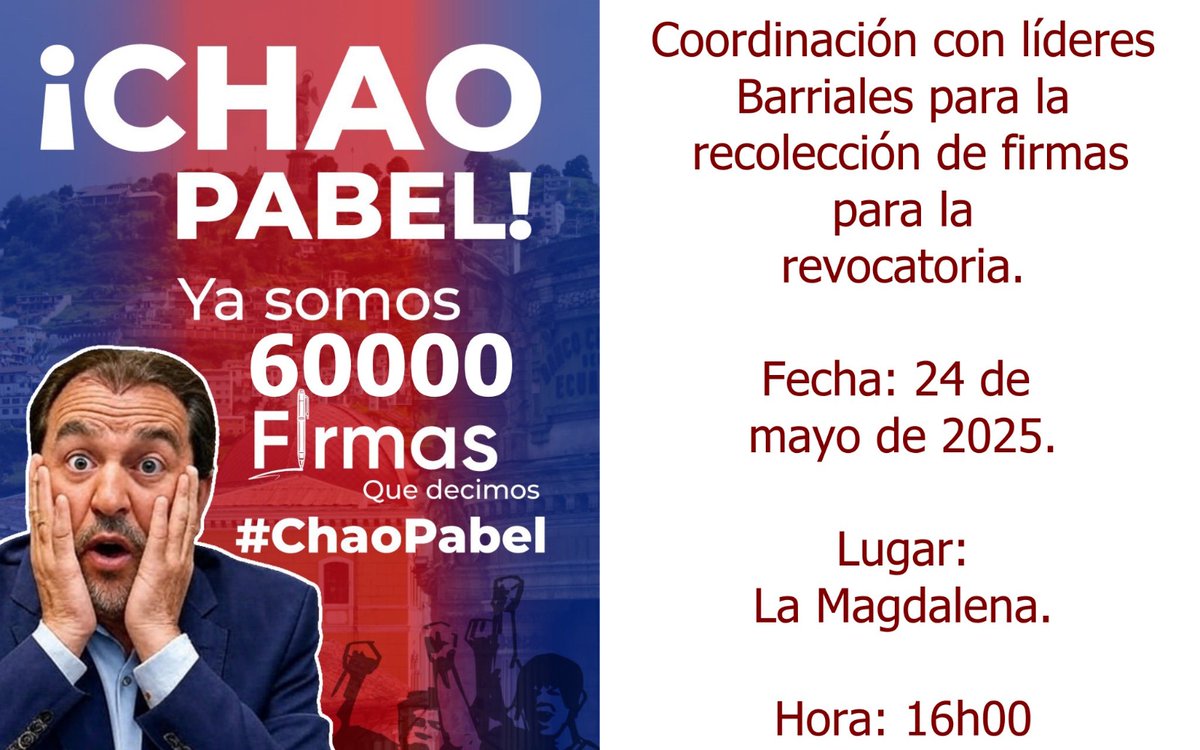 Néstor Marroquín (@nmcresearch) on Twitter photo #ChaoPabel
#QuitoSinAlcalde
#SoyMamarracho
¡Seguimos! Mañana 24 de mayo, coordinaremos acciones para masificar la recolección de firmas para la revocatoria del mandato de <a href="/pabelml/">Pabel Muñoz L.</a>
¡Muchas gracias por apoyar líderes de la Magdalena del sur de Quito!
¡Informaremos! #ChaoPabel
#QuitoSinAlcalde
#SoyMamarracho
¡Seguimos! Mañana 24 de mayo, coordinaremos acciones para masificar la recolección de firmas para la revocatoria del mandato de <a href="/pabelml/">Pabel Muñoz L.</a>
¡Muchas gracias por apoyar líderes de la Magdalena del sur de Quito!
¡Informaremos!