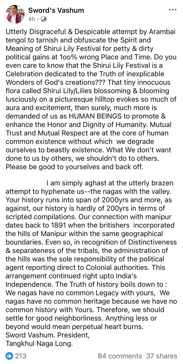 UncleHming's tweet photo. Sword Vashum (Pres TNL) condemns Arambai Tengol’s politicization of the Shirui Lily Festival, emphasizing its sacred purpose. He rejects attempts to link Nagas with Manipur’s valley, citing distinct histories, and advocates for peaceful neighborliness to avoid perpetual conflict. https://t.co/SU2y2SBCYI