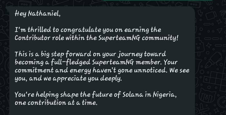Ovie Nathaniel (@oviebest_2) on Twitter photo I'm officially a Solana contributor πππ
Thank You <a href="/SuperteamNG/">Superteam Nigeria</a>
Thank You <a href="/thejustinson/">Hey Justin</a>
Thank You <a href="/SuperteamNG/">Superteam Nigeria</a> EDO for the quality of support
Thank You <a href="/SuperteamEarn/">Superteam Earn</a>, more bounties to be won
Thank You <a href="/Harri_obi/">Harri</a> & <a href="/NzubeEzudo/">Nzube Ezudo</a>
Next step β Being a fully fleged member I'm officially a Solana contributor πππ
Thank You <a href="/SuperteamNG/">Superteam Nigeria</a>
Thank You <a href="/thejustinson/">Hey Justin</a>
Thank You <a href="/SuperteamNG/">Superteam Nigeria</a> EDO for the quality of support
Thank You <a href="/SuperteamEarn/">Superteam Earn</a>, more bounties to be won
Thank You <a href="/Harri_obi/">Harri</a> & <a href="/NzubeEzudo/">Nzube Ezudo</a>
Next step β Being a fully fleged member