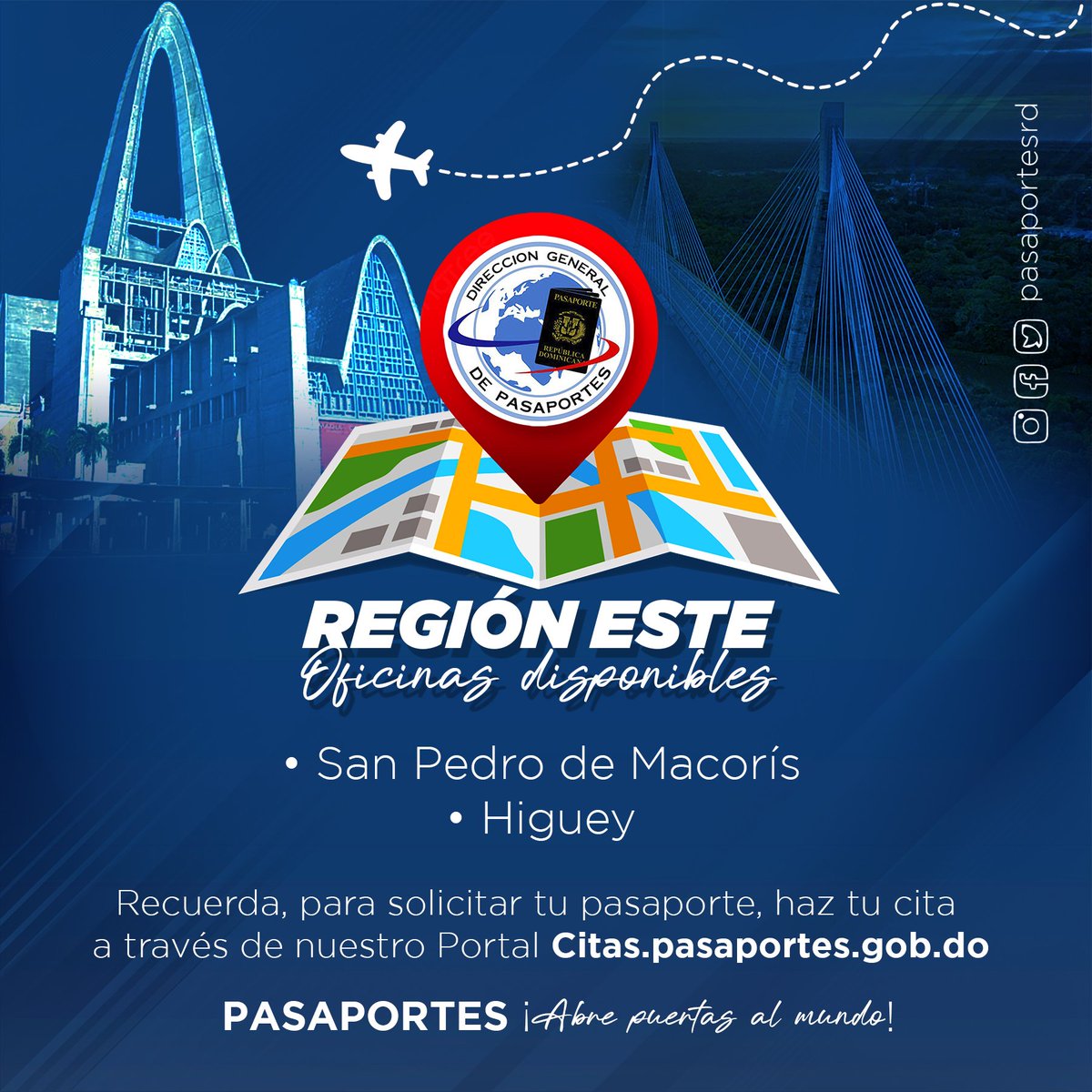 A nuestros usuarios de la Región Este del país, recuerden que pueden solicitar su pasaporte en nuestras oficinas provinciales:

📍San Pedro de Macorís
📍Higüey

Haz tu cita a través de nuestro Portal Web 🤳 citas.pasaportes.gob.do y ten la oportunidad de obtener tu documento de