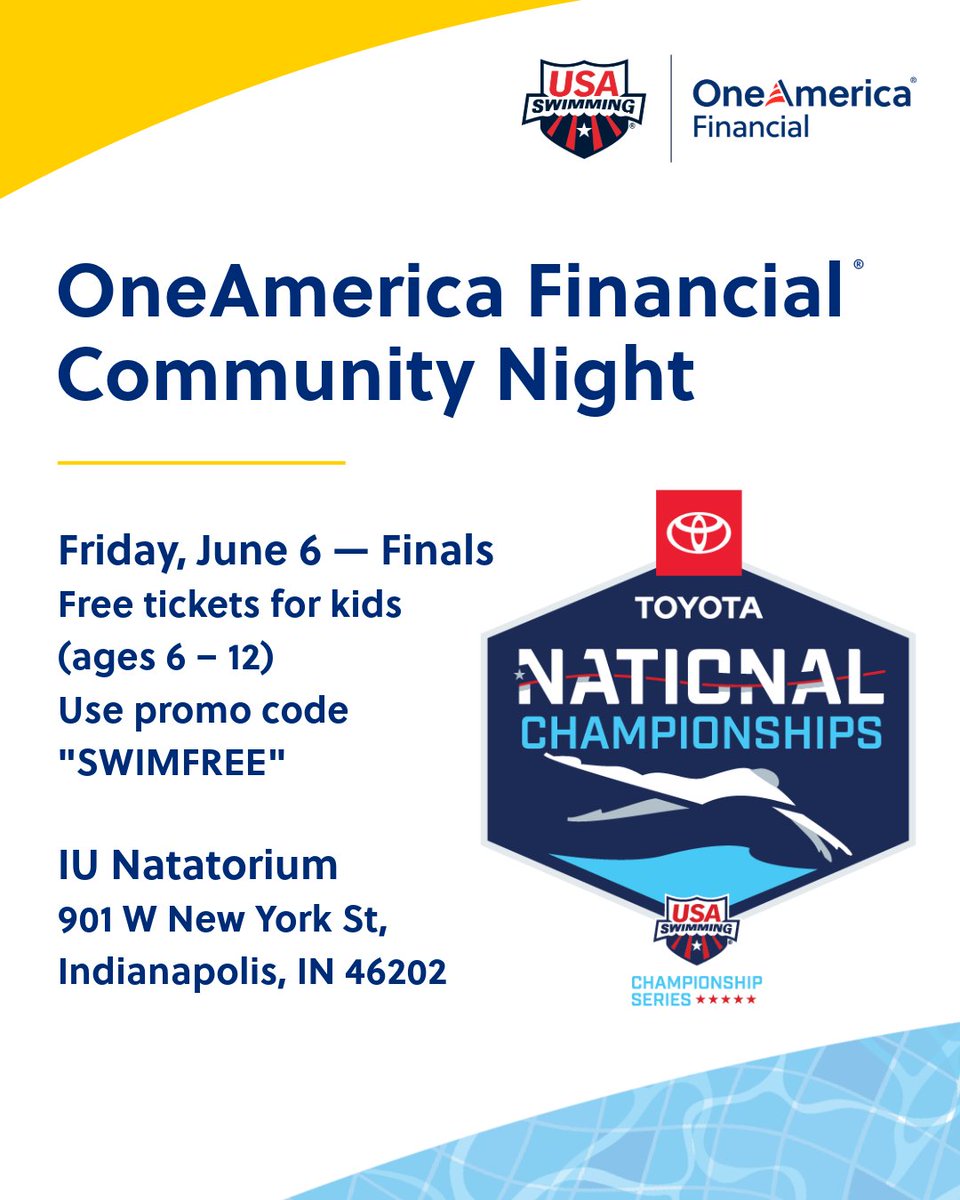 OneAmericaFinancial (@oneamerica) on Twitter photo The Toyota National Championships are coming to the IU Natatorium next month! Join us for OneAmerica Financial Community Night on June 6th - kids 6-12 get FREE Finals tickets with SWIMFREE! 🎟️ ➡️ ow.ly/Yhol50VS3EU
#ToyotaNationals
<a href="/USASwimming/">USA Swimming</a> <a href="/IUNatatorium/">IU Natatorium</a> The Toyota National Championships are coming to the IU Natatorium next month! Join us for OneAmerica Financial Community Night on June 6th - kids 6-12 get FREE Finals tickets with SWIMFREE! 🎟️ ➡️ ow.ly/Yhol50VS3EU
#ToyotaNationals
<a href="/USASwimming/">USA Swimming</a> <a href="/IUNatatorium/">IU Natatorium</a>