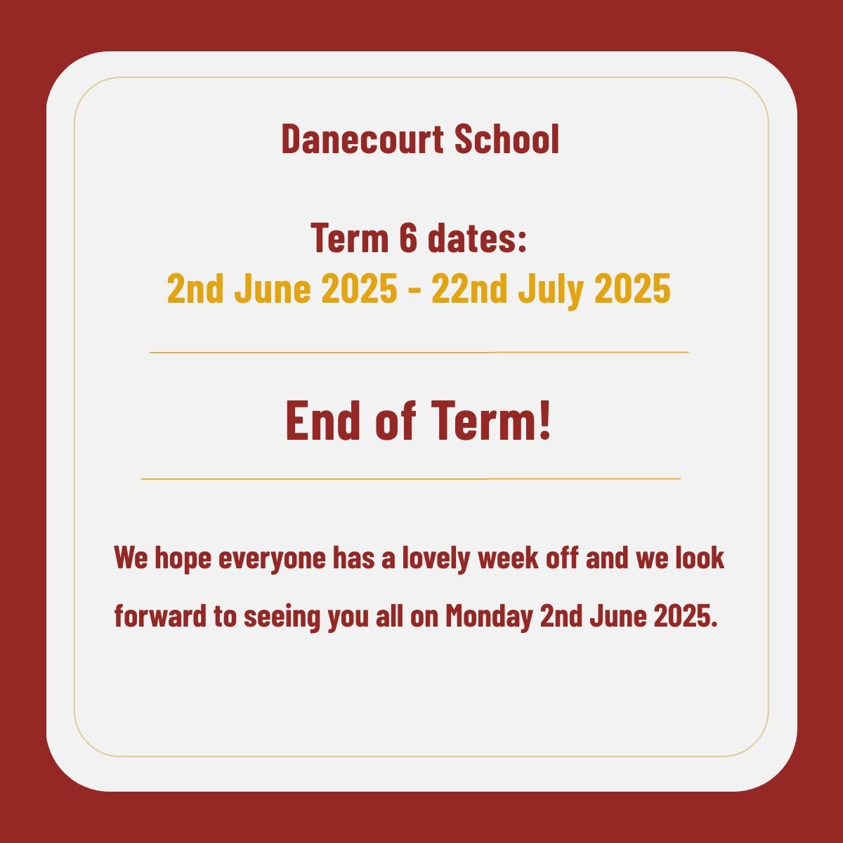 Term 5 is complete!🎉

We look forward to seeing you back at school on Monday 2nd June for the last term of the school year!

#endofterm