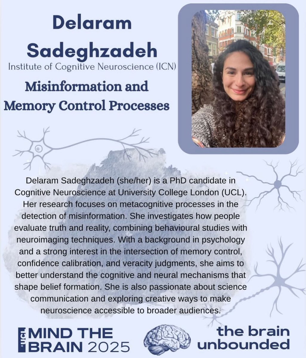 📢 Announcing our first Mind the Brain speaker, Delaram Sadeghzadeh!

🧠 Join Mind the Brain on June 14th 9:00-15:00 to hear more!

🎟️ Tickets on sale! Book now for an Early Bird discount!

Link in bio

#mindthebrain #mindthebrain2025 #brain #cognition #mind