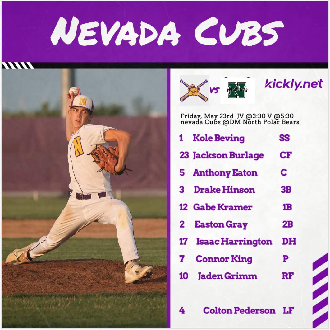 Nevada Cubs Baseball (@nevcubsbaseball) on Twitter photo Tonight’s starting lineup <a href="/Des/">Desiree</a> Moines North. <a href="/cubsactivities/">Nevada Cubs Activities</a> <a href="/NevadaCSD/">Nevada Community School District</a> <a href="/iabaseball1/">IAbaseball</a> Tonight’s starting lineup <a href="/Des/">Desiree</a> Moines North. <a href="/cubsactivities/">Nevada Cubs Activities</a> <a href="/NevadaCSD/">Nevada Community School District</a> <a href="/iabaseball1/">IAbaseball</a>