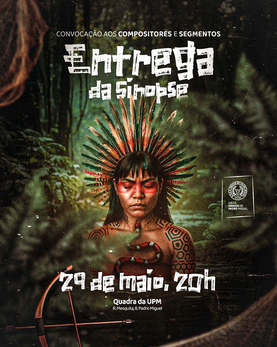 🚨 Alô, compositores!

Quinta, 29/05, às 20h, tem entrega da sinopse na quadra do Boizão!

 “Kunhã-Eté: O Sopro Sagrado da Jurema” 🌿🔥
Disputa de samba aberta a todos! 

Espero por vocês lá!