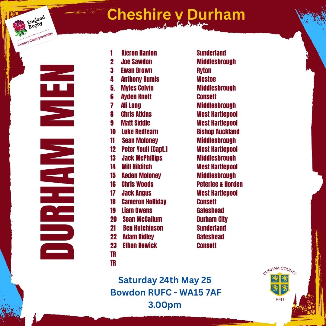 Durham County RFU (@durhamrfu) on Twitter photo Our Men are also in action tomorrow away to <a href="/CheshireRFUNews/">Cheshire RFU</a>.The match is being played <a href="/BowdonRugby/">Bowdon RUFC</a> ko 3.00pm.<a href="/SunderlandRFC/">Sunderland RFC</a> <a href="/BoroRugby/">Middlesbrough RUFC</a> <a href="/RytonRUFC/">Ryton RFC</a> <a href="/WestoeFamily/">WestoeRFC Family</a> <a href="/RfcConsett/">Consett RFC</a> <a href="/WHRFC/">West Hartlepool Rugby Football Club</a> <a href="/bishoprugby/">#RugbyBishopAuckland</a> <a href="/HordenRFC/">Horden&Peterlee RFC</a> <a href="/gatesheadrfc/">Gateshead RFC</a> <a href="/DurhamCityRFC/">Durham City RFC</a> Our Men are also in action tomorrow away to <a href="/CheshireRFUNews/">Cheshire RFU</a>.The match is being played <a href="/BowdonRugby/">Bowdon RUFC</a> ko 3.00pm.<a href="/SunderlandRFC/">Sunderland RFC</a> <a href="/BoroRugby/">Middlesbrough RUFC</a> <a href="/RytonRUFC/">Ryton RFC</a> <a href="/WestoeFamily/">WestoeRFC Family</a> <a href="/RfcConsett/">Consett RFC</a> <a href="/WHRFC/">West Hartlepool Rugby Football Club</a> <a href="/bishoprugby/">#RugbyBishopAuckland</a> <a href="/HordenRFC/">Horden&Peterlee RFC</a> <a href="/gatesheadrfc/">Gateshead RFC</a> <a href="/DurhamCityRFC/">Durham City RFC</a>