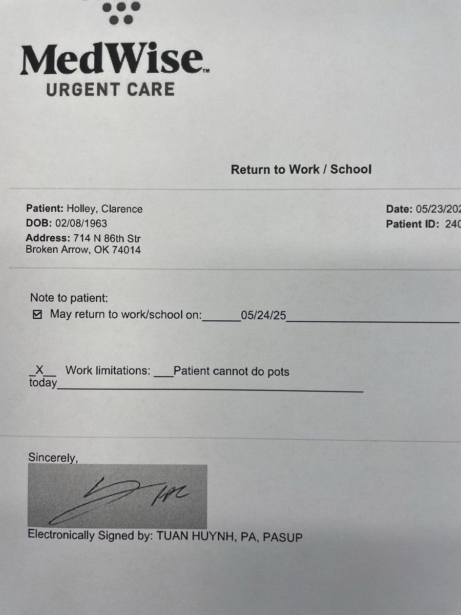 Checkmate! One visit to urgent care can get work limitations placed on inhumane expectations. Next time your wife wants to do pots, get to the doctor FAST!