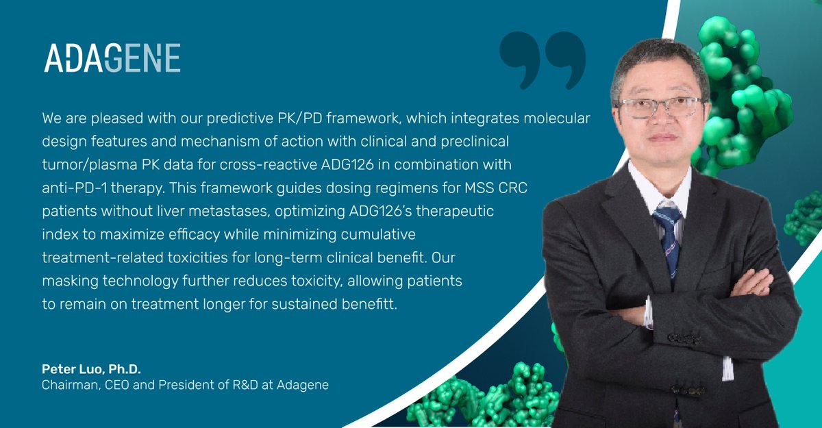 AdageneGlobal's tweet image. We announced updated data being presented at #ASCO25 from our Phase 1b/2 study in advanced microsatellite stable #colorectalcancer, with muzastotug (ADG126) showing a 29% confirmed ORR when added to pembrolizumab (KEYTRUDA®). 
Learn more:investor.adagene.com/news-releases/…