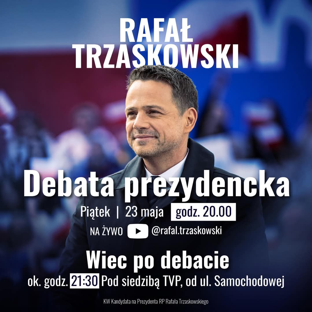 To już dziś - debata przed II turą wyborów. Oglądajcie na żywo od 20.00
Niech wygra cała Polska! 🇵🇱 

#Trzaskowski2025