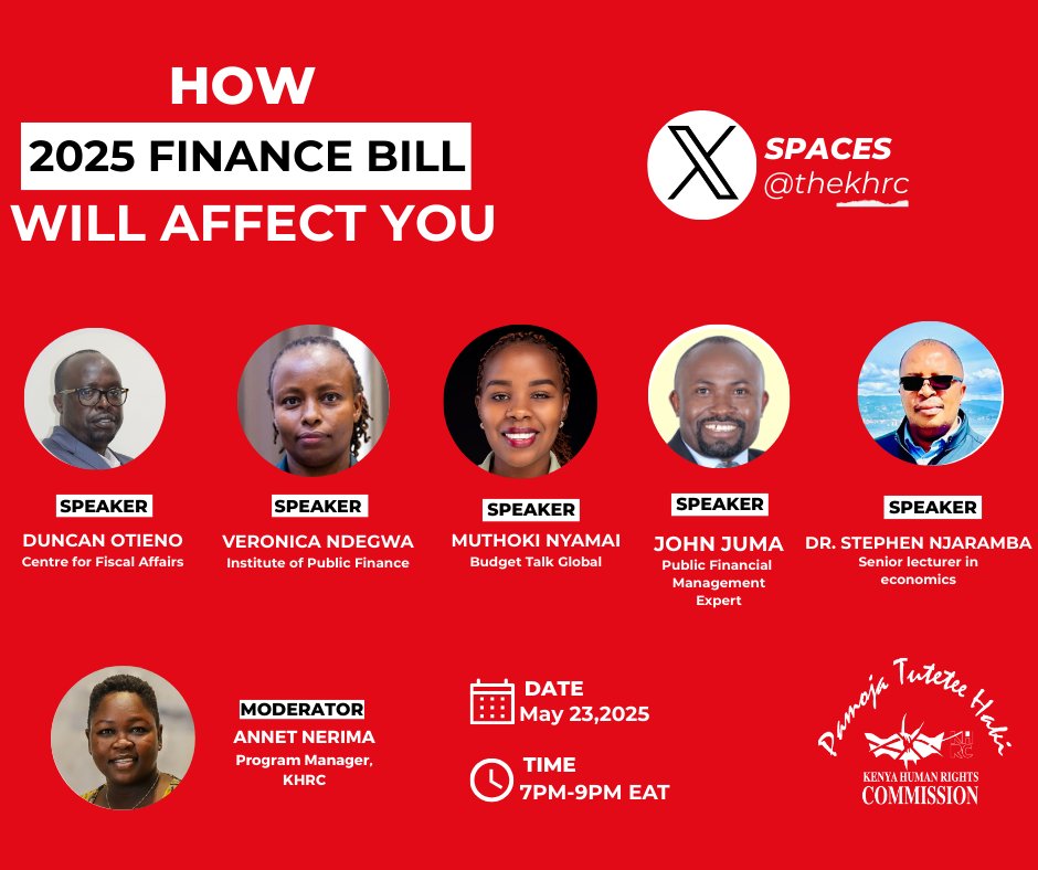 Let’s make sense of the #FinanceBill2025 together.

Join <a href="/nisisikenya/">Ni Sisi!</a> and <a href="/thekhrc/">KHRC</a> this evening to learn what’s proposed, what’s at stake, and how we can engage.

Set your reminder here 👇 x.com/i/spaces/1MYxN…”