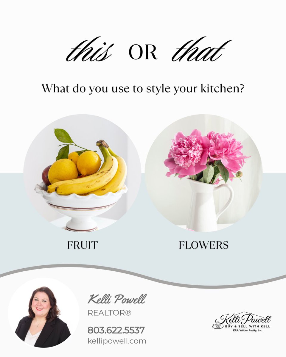 PowellRealtor's tweet photo. When it comes to styling your kitchen, what’s your go-to touch of charm?
🍋 A beautiful bowl of fruit that adds a pop of vibrance
🌸 A fresh bouquet of flowers for a soft, fragrant finish

Both add personality—so which one speaks to your style? Let us know in the comments! https://t.co/MDkqpqHJQg