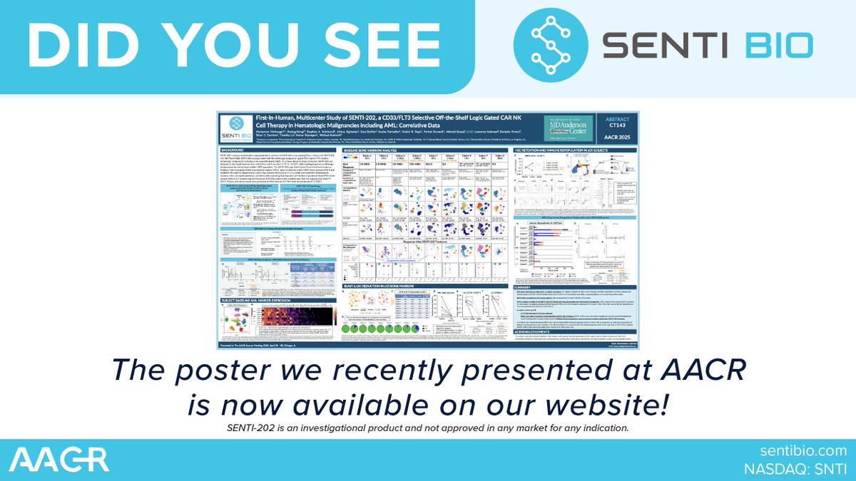 Senti Biosciences (@sentibio) on Twitter photo The poster we recently presented at AACR is now available on our website: First-in-human, multicenter study of SENTI-202, a CD33/FLT3 selective off-the-shelf logic gated CAR NK cell therapy in hematologic malignancies including AML: Correlative data
bit.ly/42Pu1rJ The poster we recently presented at AACR is now available on our website: First-in-human, multicenter study of SENTI-202, a CD33/FLT3 selective off-the-shelf logic gated CAR NK cell therapy in hematologic malignancies including AML: Correlative data
bit.ly/42Pu1rJ