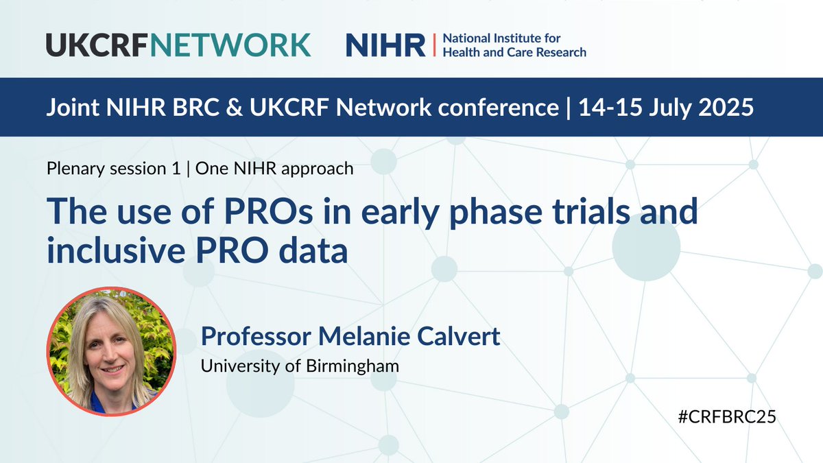 NIHR Birmingham Biomedical Research Centre (@birminghambrc) on Twitter photo What’s the value of collecting patient reported outcomes in early phase trials, and how can we do it inclusively?📝
This is what Prof <a href="/drmelcalvert/">Mel Calvert</a> will cover in her plenary session talk at the #CRFBRC25 conference – register now to join the conversation: ukcrfnetwork.co.uk/events/ukcrf-n… What’s the value of collecting patient reported outcomes in early phase trials, and how can we do it inclusively?📝
This is what Prof <a href="/drmelcalvert/">Mel Calvert</a> will cover in her plenary session talk at the #CRFBRC25 conference – register now to join the conversation: ukcrfnetwork.co.uk/events/ukcrf-n…