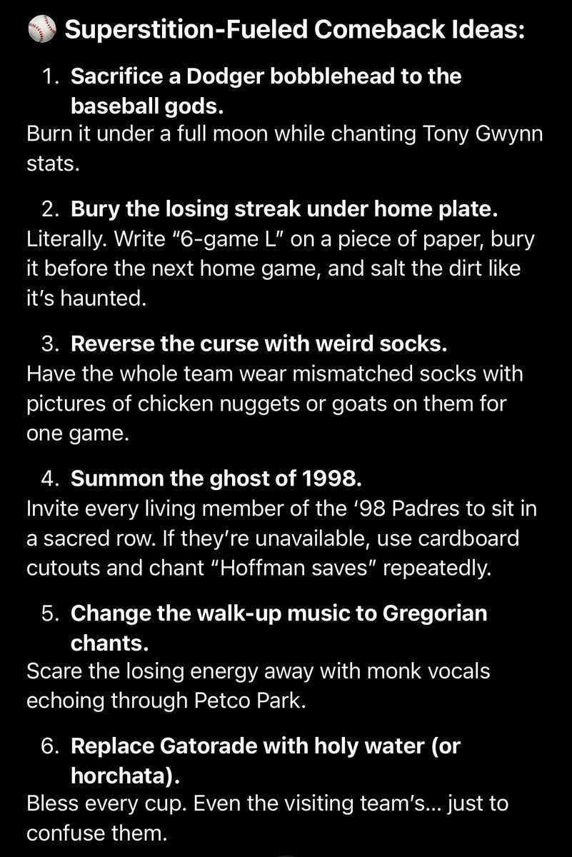KGBSanDiego (@kgbsandiego) on Twitter photo We asked AI to fix the #Padres 6 game losing streak. Honestly… some pretty good ideas here. <a href="/BigRichTDFletch/">Big Rich, TD & Fletch</a>
#chatgpt We asked AI to fix the #Padres 6 game losing streak. Honestly… some pretty good ideas here. <a href="/BigRichTDFletch/">Big Rich, TD & Fletch</a>
#chatgpt