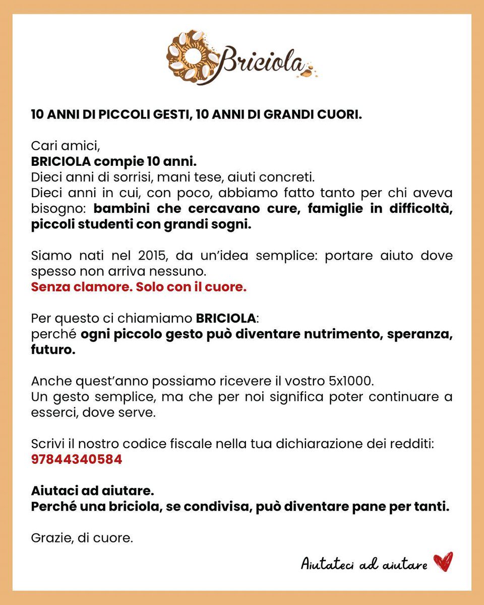 Perché anche una #briciola, se condivisa, può fare la differenza.

#10anni #BriciolaOnlus #Solidarietà #InsiemeSiPuò #Comunità