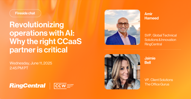 Heading to #CCWVegas? Don’t miss this fireside chat! RingCentral's Amir Hameed sits down with Jaimie Bell, VP of Client Operations at The Office Gurus, to discuss how they’re revolutionizing operations with AI, and why the right CCaaS partner (like... ringcentr.al/4jkHRbH