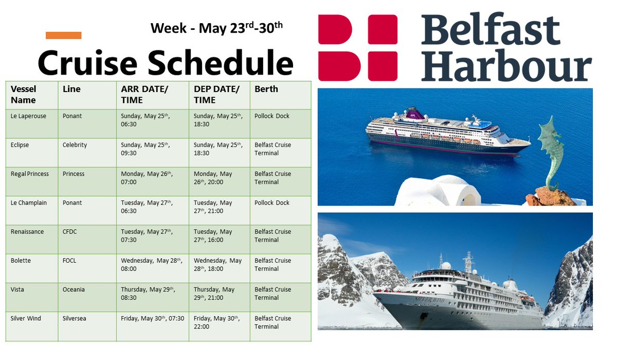 BelfastHarbour (@belfastharbour) on Twitter photo Another great selection of cruise vessels into Belfast this week. <a href="/VisitBelfast/">Visit Belfast</a>
@ponant_cruises
<a href="/CelebrityCruise/">Celebrity Cruises</a>
<a href="/PrincessCruises/">Princess Cruises</a>
@CFC
#fredolsencruiselines
<a href="/OceaniaCruises/">Oceania Cruises</a>
<a href="/Silversea/">Silversea</a>
See this season’s arrivals at bit.ly/4kTti0O Another great selection of cruise vessels into Belfast this week. <a href="/VisitBelfast/">Visit Belfast</a>
@ponant_cruises
<a href="/CelebrityCruise/">Celebrity Cruises</a>
<a href="/PrincessCruises/">Princess Cruises</a>
@CFC
#fredolsencruiselines
<a href="/OceaniaCruises/">Oceania Cruises</a>
<a href="/Silversea/">Silversea</a>
See this season’s arrivals at bit.ly/4kTti0O