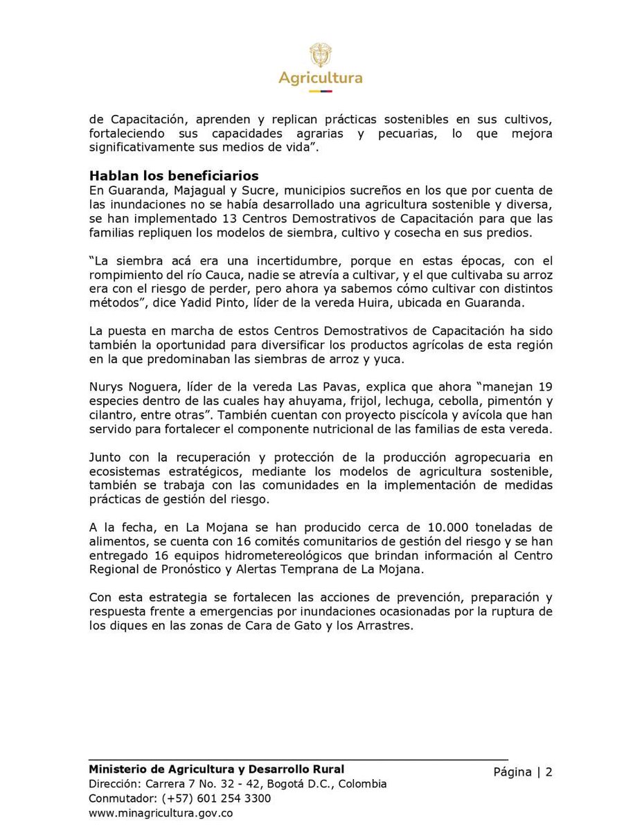 #BoletínDePrensa 🚨 | La agricultura campesina, familiar, étnica y comunitaria 👩🏾‍🌾🧑🏾‍🌾 de #LaMojana se fortalece a través del convenio  para la implementación de sistemas agrícolas 🚜💦 sostenibles y resilientes al cambio climático, suscrito 🫱🏾‍🫲🏼 entre #MinAgricultura y la