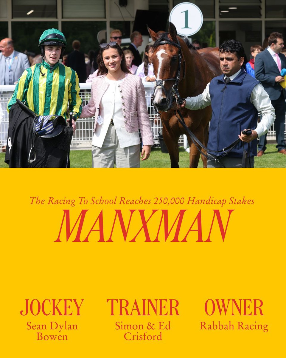 Goodwood Racecourse (@goodwood_races) on Twitter photo MANXMAN, winner of The Racing To School Reaches 250,000 Handicap Stakes. <a href="/RacingtoSchool/">Racing to School</a> Jockey Sean Dylan Bowen, Trained by Simon & Ed Crisford, Owner Rabbah Racing MANXMAN, winner of The Racing To School Reaches 250,000 Handicap Stakes. <a href="/RacingtoSchool/">Racing to School</a> Jockey Sean Dylan Bowen, Trained by Simon & Ed Crisford, Owner Rabbah Racing