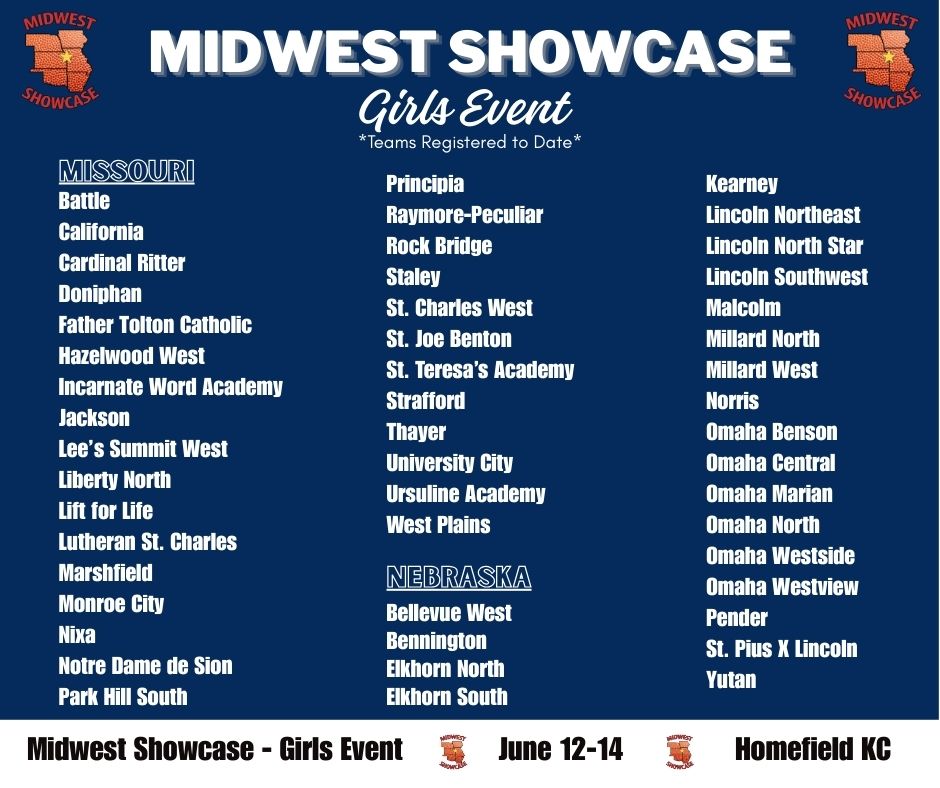 Midwest Showcase (@mw_showcase) on Twitter photo Here is an updated list of teams *registered to date* for the 2025 Girls Midwest Showcase Event! 🏀 Great basketball to come at Homefield KC on June 12-14th!
<a href="/homefieldkc/">Homefield Kansas City</a> @mbcacoaches Here is an updated list of teams *registered to date* for the 2025 Girls Midwest Showcase Event! 🏀 Great basketball to come at Homefield KC on June 12-14th!
<a href="/homefieldkc/">Homefield Kansas City</a> @mbcacoaches