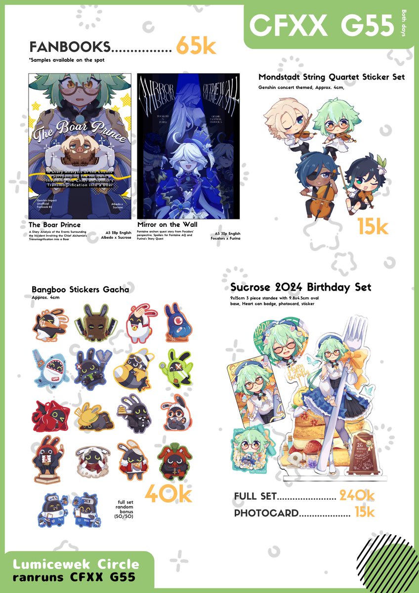 Here’s my #CFXX Catalogue!

⭐️ Genshin (alberose, focafuri), ZZZ (bangboo)
📍 Lumicewek G55 both days

Sorry I have no new stuff, I was overwhelmed with irl stuff hahah. See you thereee #ComifuroXX