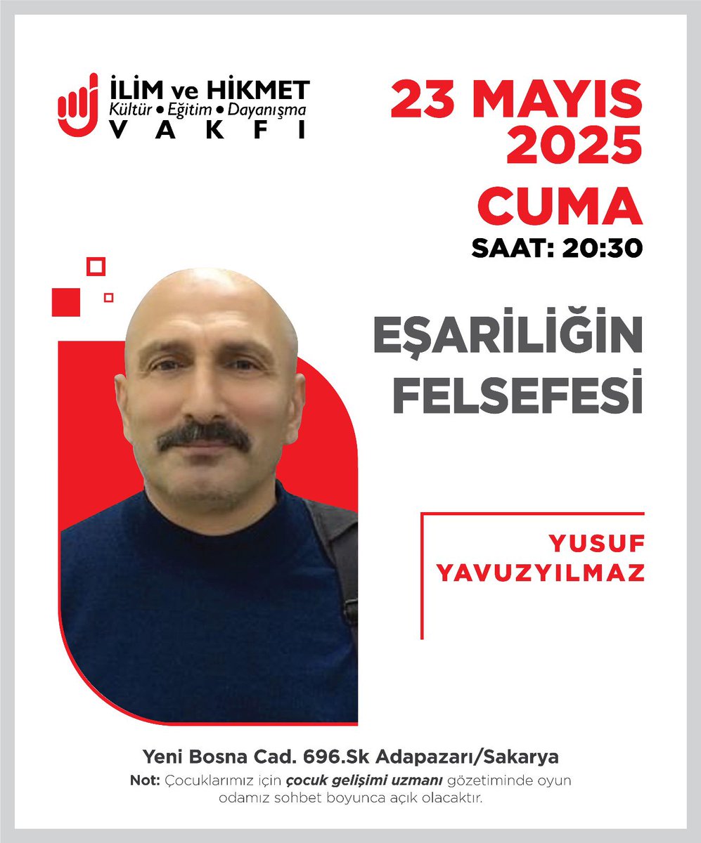 Sezonun son programına davetlisiniz!

23 Mayıs Cuma akşamı saat 20.30’da İlim ve Hikmet Vakfı’nda Yusuf Yavuzyılmaz ile “Eşariliğin Felsefesi” başlıklı sohbetimizde buluşuyoruz.

Tüm dostlarımızı bekliyoruz.