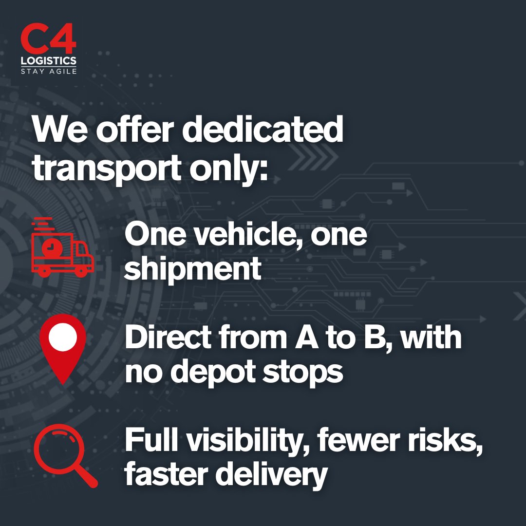 Groupage saves money—but costs time, control &amp; peace of mind. At C4, it’s dedicated transport only: one load, one vehicle, no detours. 🛑 No hubs 📦 No mix-ups 📍 Just sealed, tracked delivery. Think groupage saves? Think again. 

#TimeCritical #NoGroupage #DedicatedTransport