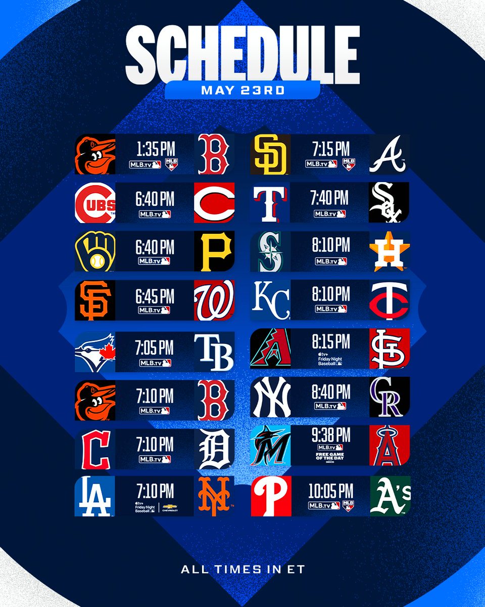 MLB's tweet photo. A full slate of baseball coming at you this Friday! ⚾️ https://t.co/juE7jgduWM