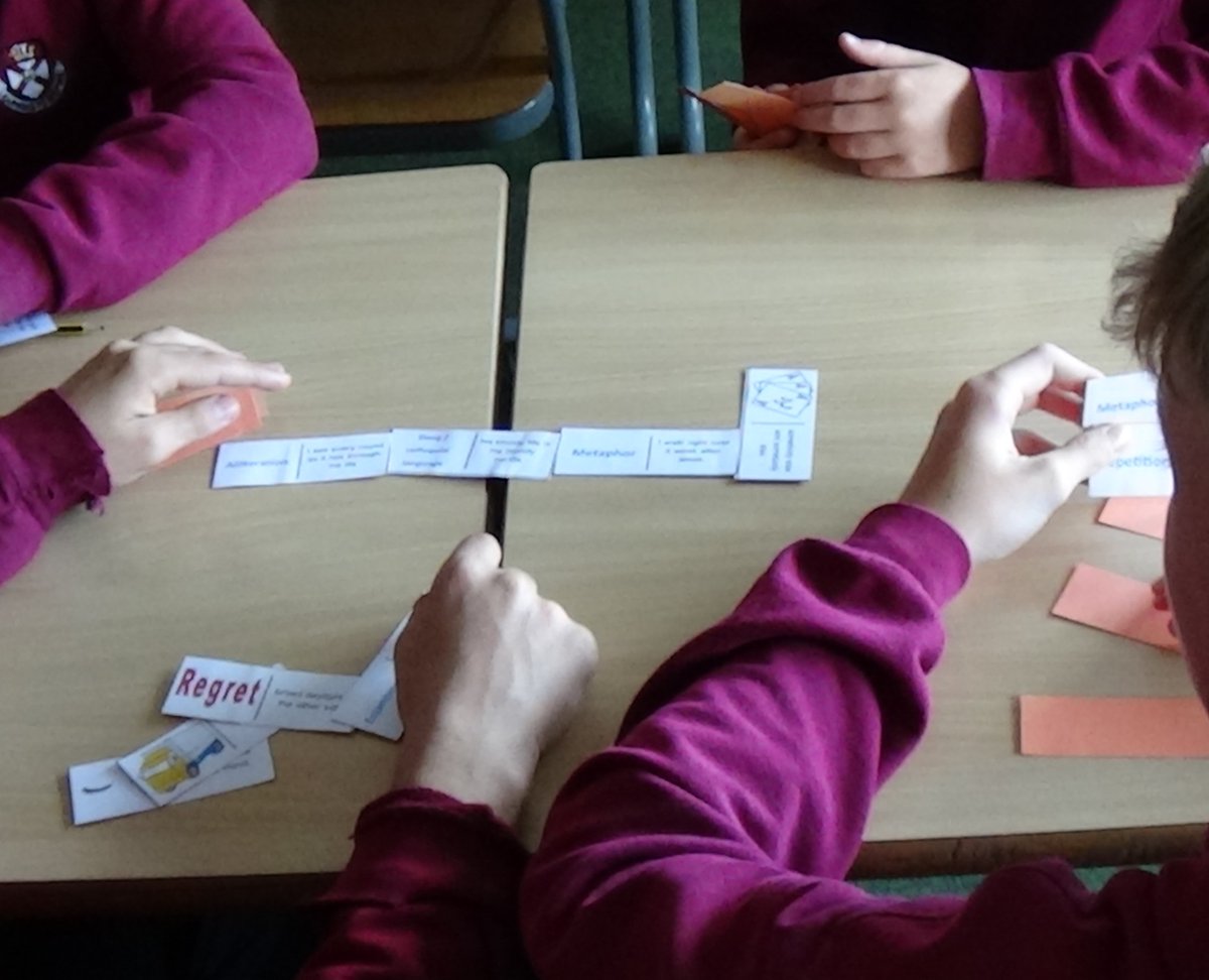 It’s time for Poem-ominoes for S2 at Alloa Academy as they use a dominoes format to identify the techniques used by Simon Armitage in his poem “Remains”. Students were fully engaged as they discussed Armitage’s use of plosive sounds, enjambment, metaphor, and  alliteration. #OTI
