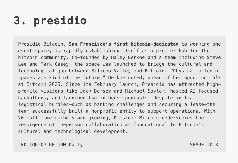 build the bridge (@bitkite) on Twitter photo This is so awesome. Well done <a href="/HBerkoe/">Haley Berkoe</a> <a href="/moneyball/">Steve Lee | #TeamSlowAndSteady | 🟠</a> and the entire <a href="/PresidioBitcoin/">Presidio Bitcoin</a> team.
This OP_Return byte from @BitcoinPark_ 👇 This is so awesome. Well done <a href="/HBerkoe/">Haley Berkoe</a> <a href="/moneyball/">Steve Lee | #TeamSlowAndSteady | 🟠</a> and the entire <a href="/PresidioBitcoin/">Presidio Bitcoin</a> team.
This OP_Return byte from @BitcoinPark_ 👇