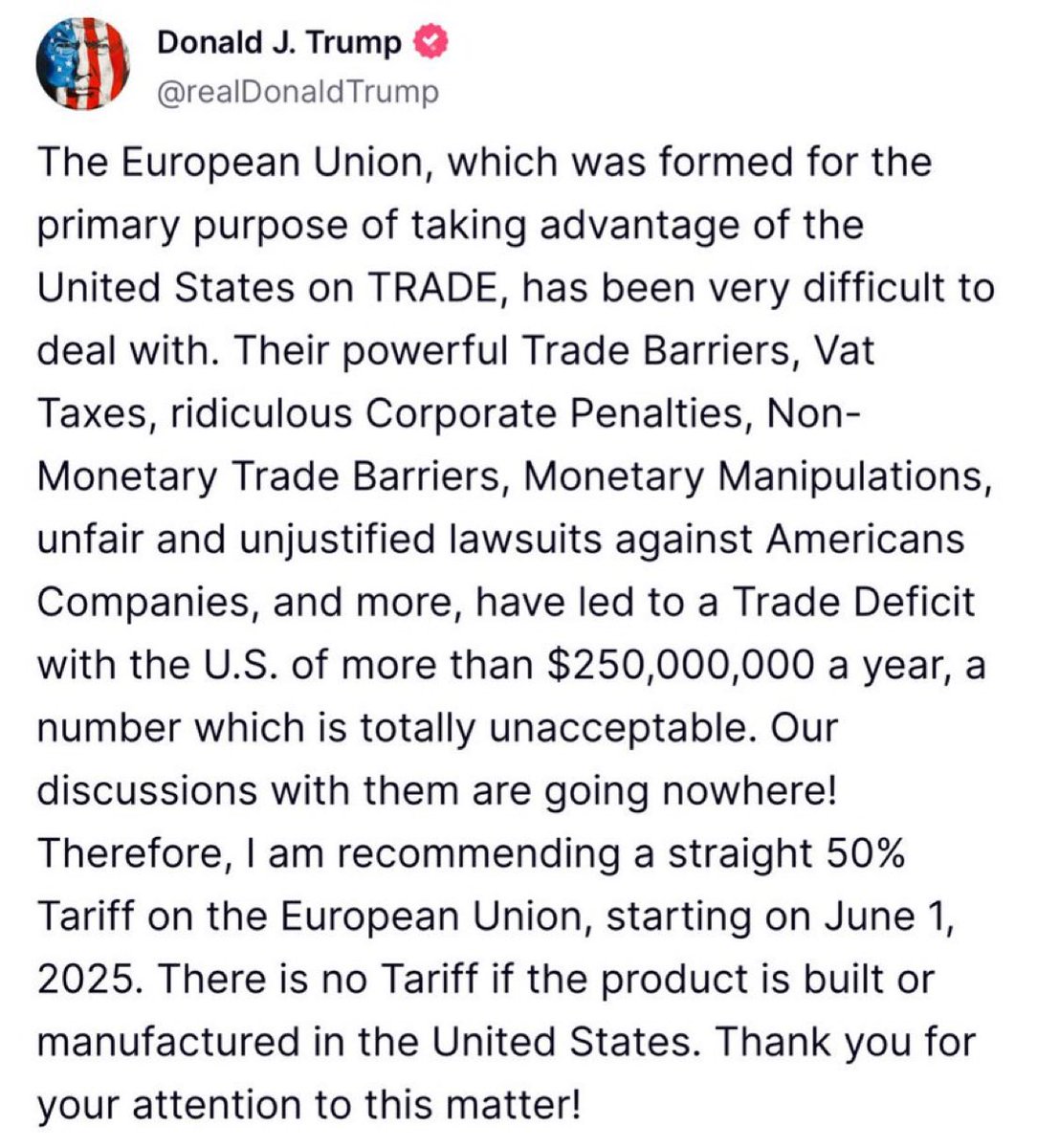 Do you support 50% tariffs on the European Union?