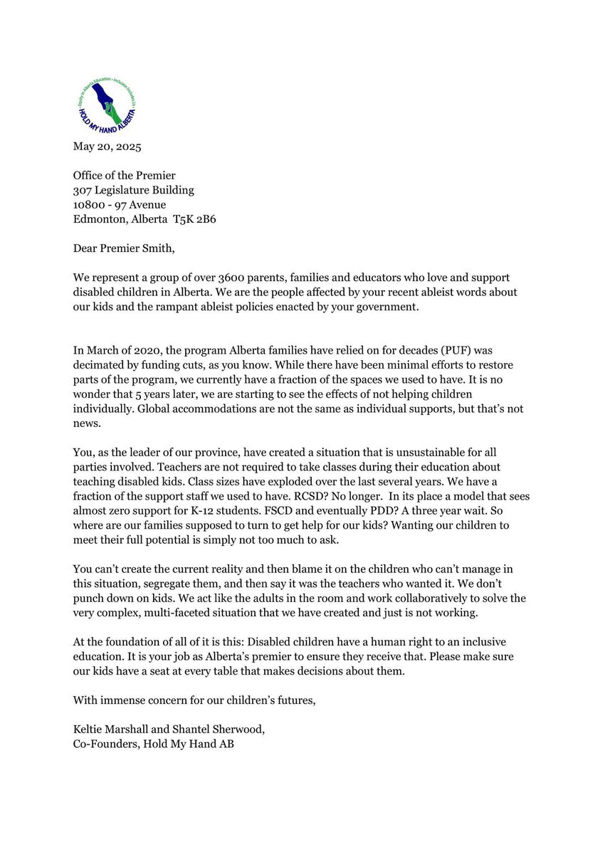 #Alberta family support group response to Premier Danielle Smith regarding recent statements made about #disabled children in classrooms.
