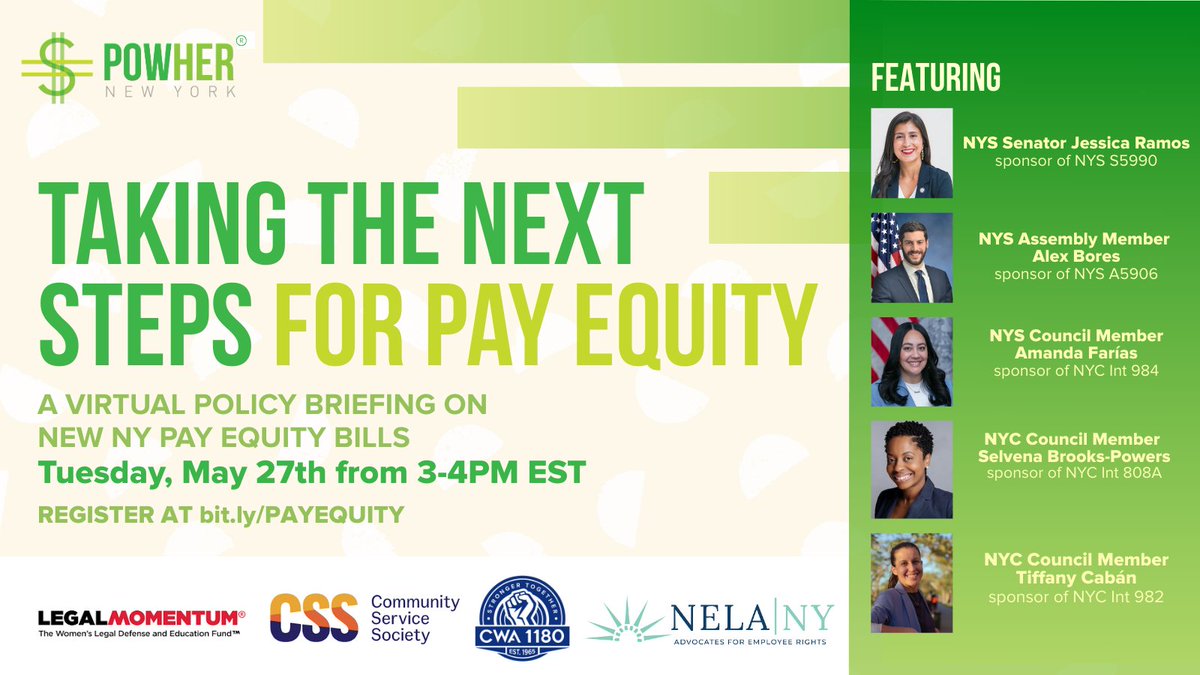Join me and @PowHerNY on May 27th at 3PM for a special VIRTUAL policy briefing on new pay equity legislation! 

I’m sponsoring [A5906/S5990 - INT 808A - INT 982 - INT 984]  to close the pay gap and protect workers. RSVP here: bit.ly/PAYEQUITY