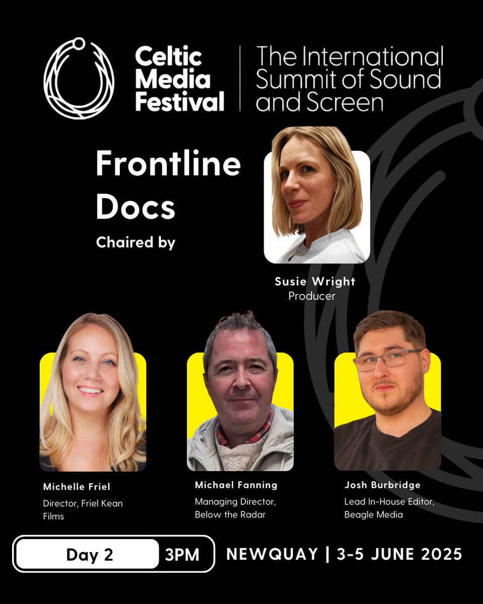 Celtic Media Festival (@celticmediafest) on Twitter photo 🚨 Frontline Docs 🚨
Chaired by ob doc producer Susie Wright , alongside an expert panel featuring Josh Burbridge (<a href="/BeagleMedia/">Beagle</a> ), Michael Fanning (<a href="/BTRadarTV/">Below The Radar TV</a> ), and Michelle Friel (<a href="/FRIELKEAN/">Friel Kean</a> ).
📍 Newquay
Full programme here: celticmediafestival.co.uk/the-programme 🚨 Frontline Docs 🚨
Chaired by ob doc producer Susie Wright , alongside an expert panel featuring Josh Burbridge (<a href="/BeagleMedia/">Beagle</a> ), Michael Fanning (<a href="/BTRadarTV/">Below The Radar TV</a> ), and Michelle Friel (<a href="/FRIELKEAN/">Friel Kean</a> ).
📍 Newquay
Full programme here: celticmediafestival.co.uk/the-programme