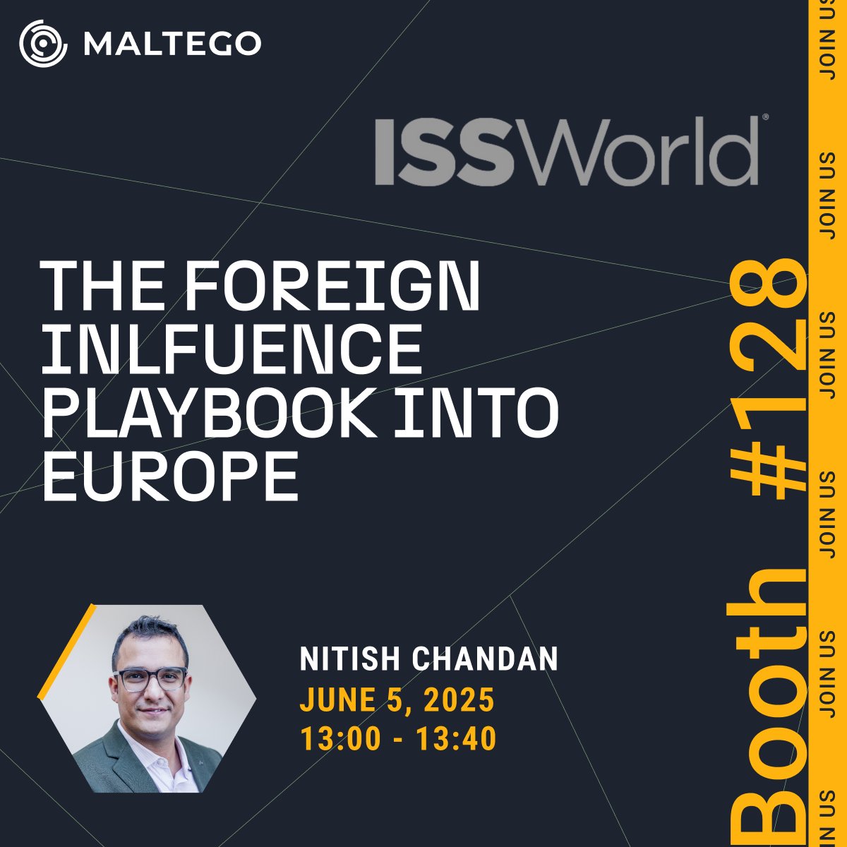 Meet Maltego at #ISSWorldEurope in Prague, June 3–5. Join our speaking session to learn how to detect and counter #FIMI threats early. Visit us at booth #128 and book a meeting: outlook.office.com/book/meetmalte…