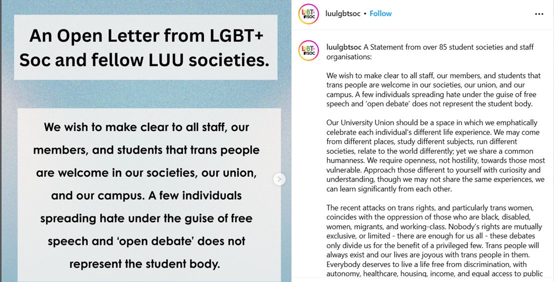 Ted Newson (@newsonted) on Twitter photo Over 85 societies at my University have drafted a statement condemning the gender critical stall set up by <a href="/_ConnieShaw/">Connie Shaw</a> and <a href="/MaeveHalligan/">Maeve Halligan</a> on the University of Leeds campus. For societies supposedly espousing "openness, not hostility", this seems a bit of an overreaction. Over 85 societies at my University have drafted a statement condemning the gender critical stall set up by <a href="/_ConnieShaw/">Connie Shaw</a> and <a href="/MaeveHalligan/">Maeve Halligan</a> on the University of Leeds campus. For societies supposedly espousing "openness, not hostility", this seems a bit of an overreaction.