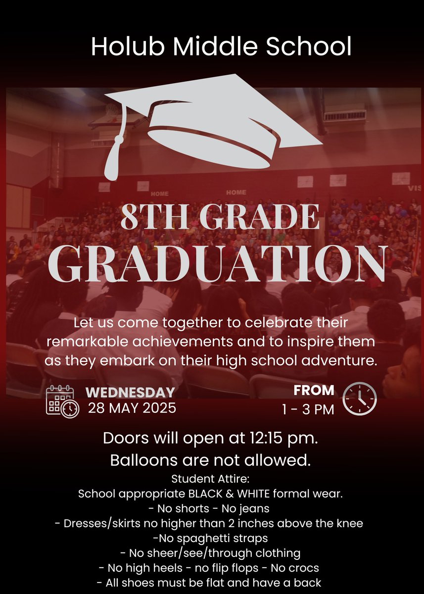 8th Grade Graduation is approaching!  Please see the flyer for date, time and attire information.  We hope to see our Holub Hawk families show up to support their students!