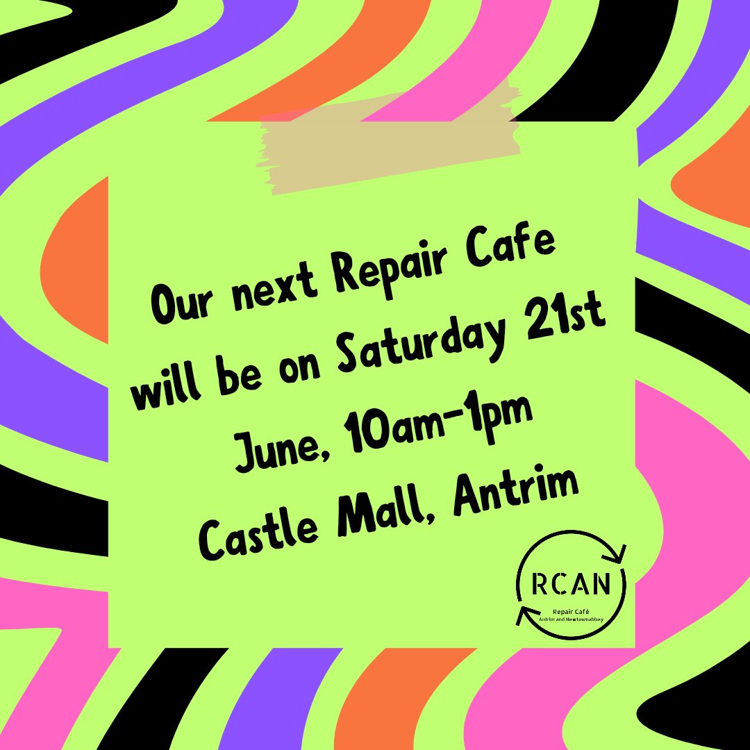 📢 Our next repair cafe will be on Saturday 21 June from 10am to 1pm at Castle Mall, Antrim. 😁

Booking details to follow next week.  Watch this space... 😉