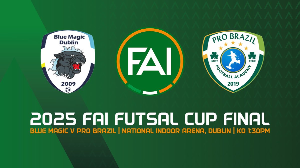 Preview | 2025 FAI Futsal Cup Final 📝

Blue Magic FC vs Pro Brazil
🏆| FAI Fustal Cup Final
📆| Sunday, May 25
⌚️| KO 1.30pm
📍| National Indoor Arena
🔴 | Live on YouTube.com/FAITV
🗞️👉 fai.ie/latest/match-p…