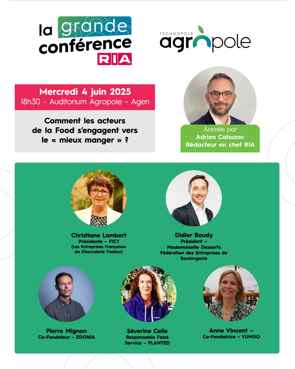 📢 Un événement à ne pas rater : la 4e Grande conférence RIA Agropole le 4 juin ! 
Sur le thème : Comment les acteurs de l’agroalimentaire s’engagent-ils pour le « mieux manger » ? 🌱🥗

Pour s'inscrire (gratuitement), rien de plus simple, c'est ici : docs.google.com/forms/d/e/1FAI…