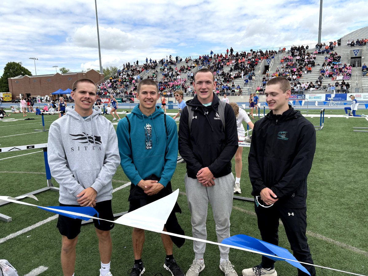 Shuttle Hurdle Boys after their race yesterday, finish 24th.  Riley(SR), Wyatt (JR), Gavin (JR), Walker (SO). First SWV relay to qualify for State meet since 2018.  Lowered school record 4x this year!  Great season boys! #RunWiththePack #Twolvesterritory