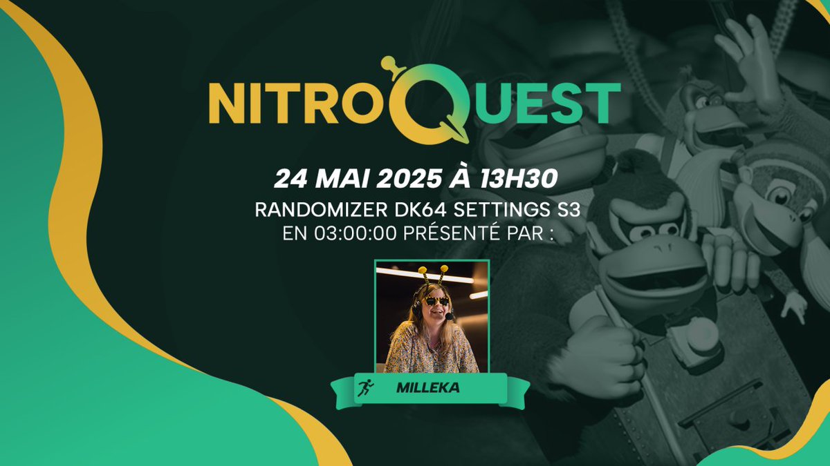 🚨 Nitro Quest DK64 🚨

C’est pour demain ! 🎮 

<a href="/MILLEKA4/">Camille 🧶</a> nous présentera la famille KONG à travers un exercice difficile :  

Le Randomizer !

Tout est aléatoire, mais pour une pro, ce n’est pas un problème ! On se retrouve demain à 13h30 !